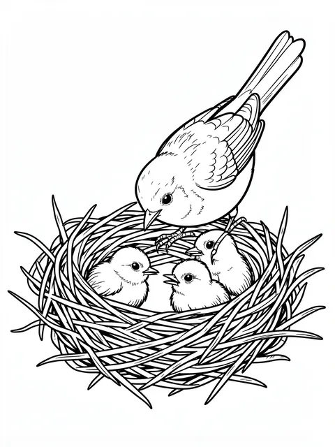 Black and white line art of a parent robin tending to three baby chicks inside a twig nest