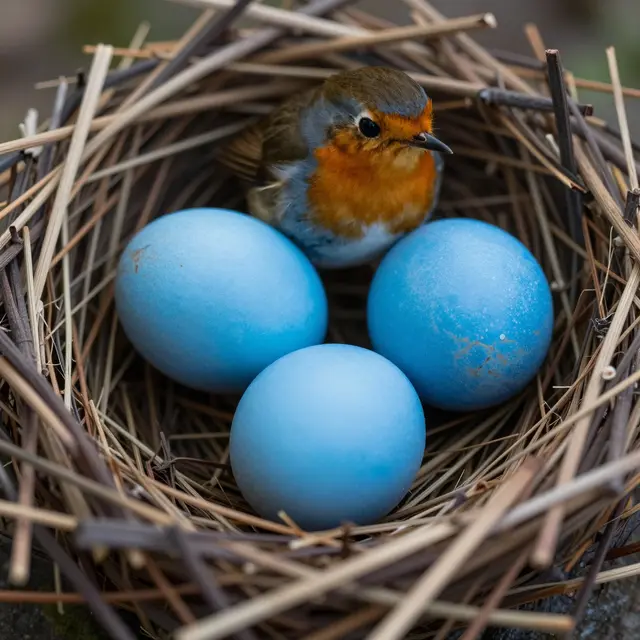 A close-up of a twig robin nest holding three bright blue eggs and a resting robin