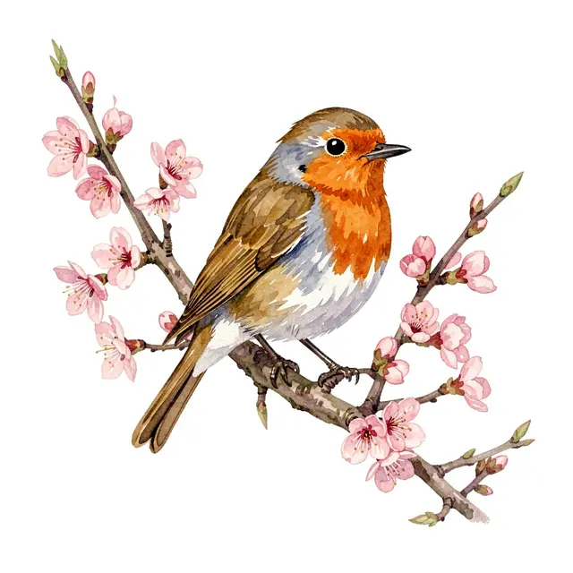 A watercolor robin perches on a branch lined with pink spring blossoms against a plain white background