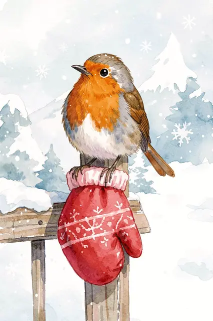 A chubby robin perches on a patterned red mitten hung from a snowy wooden fence post in a winter watercolor scene.