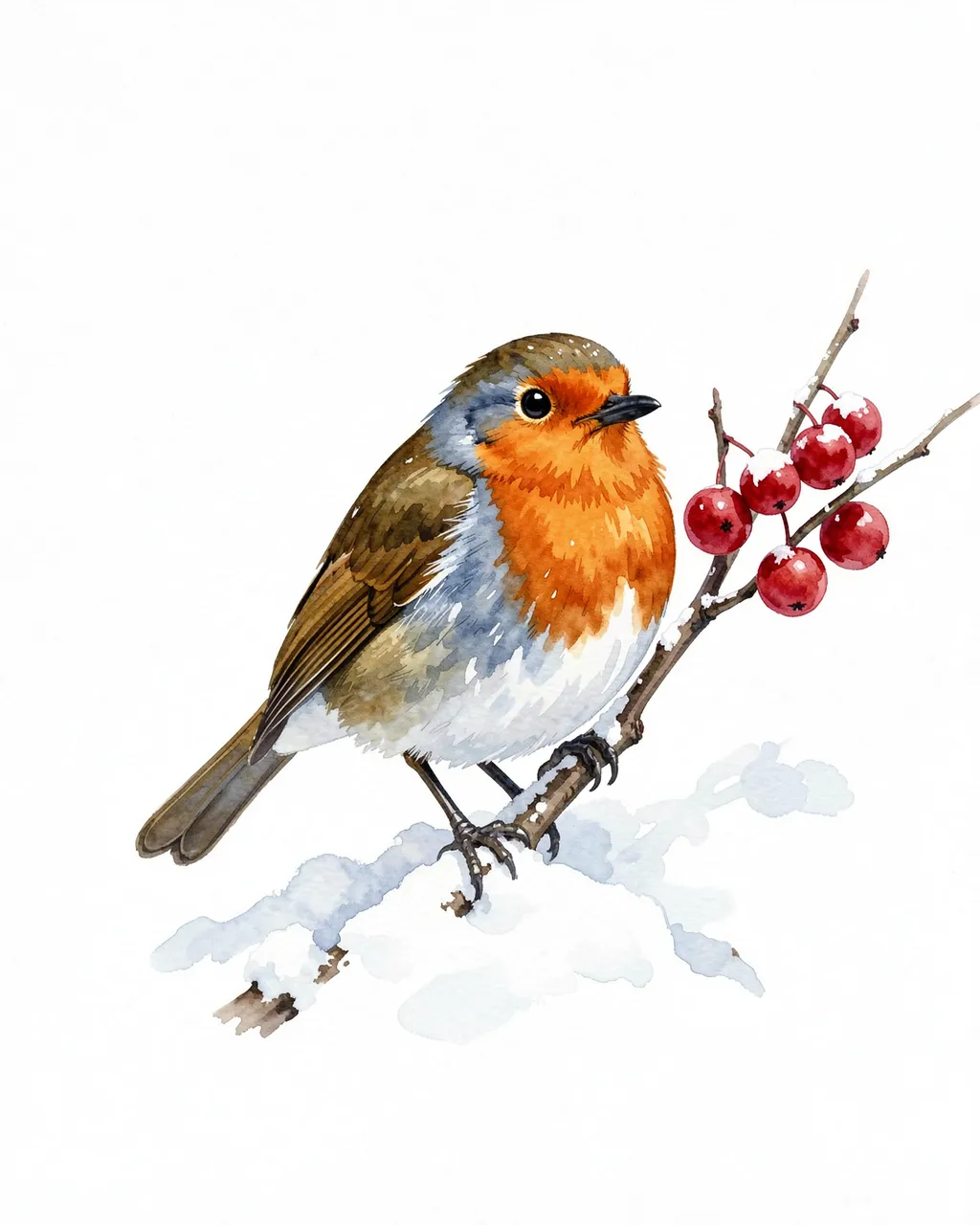 Watercolor painting of a plump robin perched on a snow-dusted twig beside red winter berries on a white background