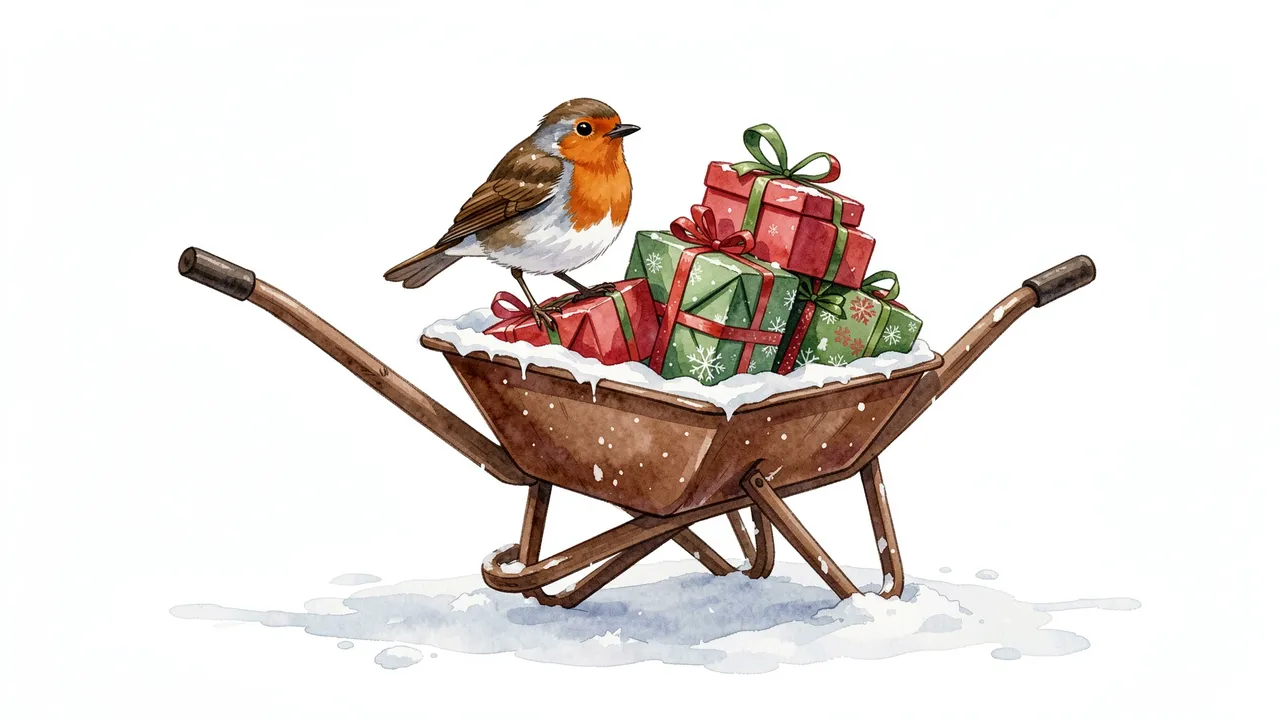 A watercolor European robin perched on a snow-covered wooden wheelbarrow stacked with wrapped Christmas presents
