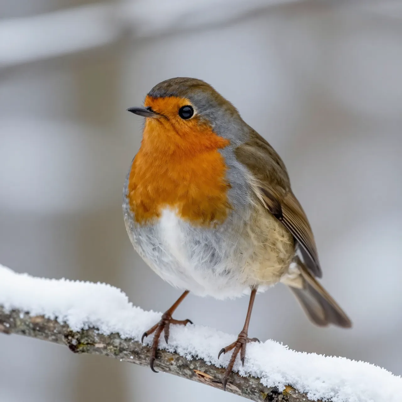 A plump european robin perches upright on a snow-covered tree branch against a soft blurred winter background