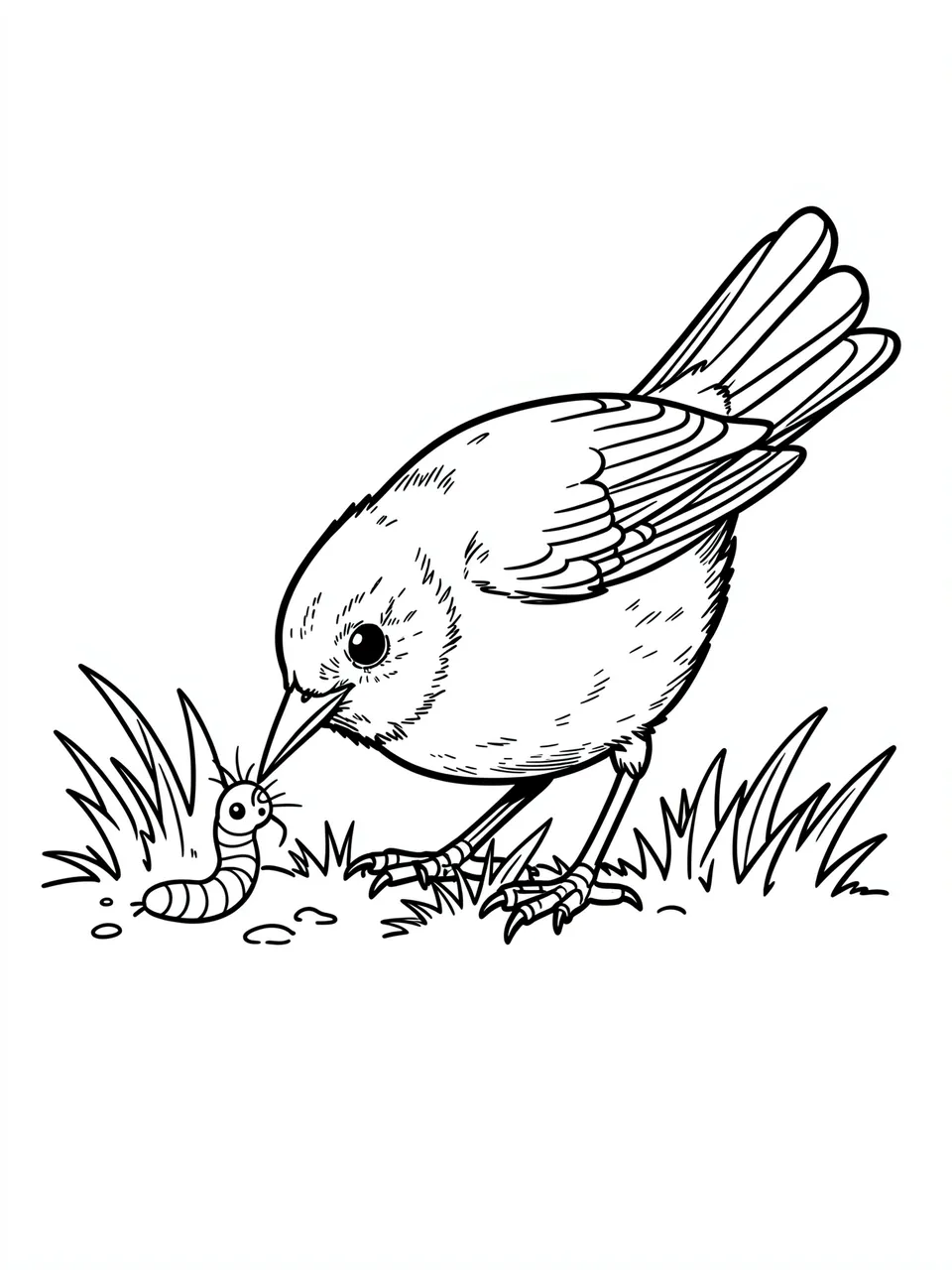 Black and white line art of a robin standing on grass reaching for a worm on plain white background