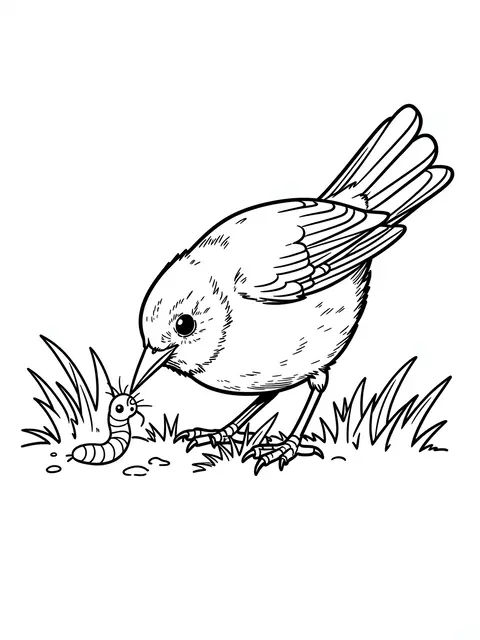 Black and white line art of a robin standing on grass reaching for a worm on plain white background