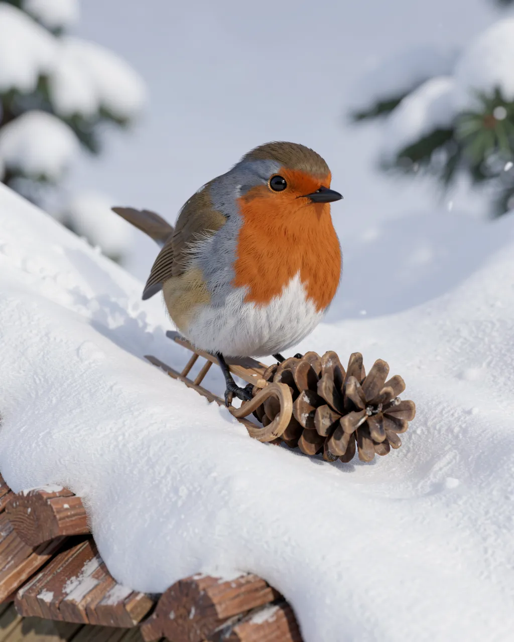 A round robin perches on a tiny sled with a pine cone atop a snow-covered wooden roof