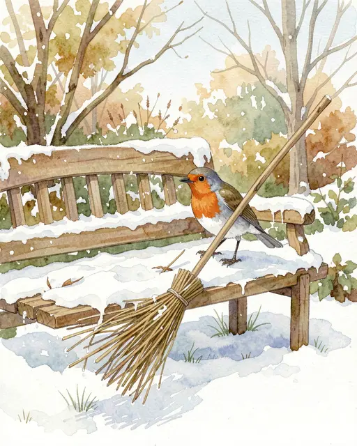 Watercolor illustration of a European robin standing on a snow dusted garden bench next to a small twig broom on a bright