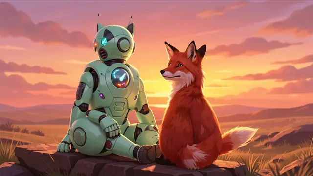 A mint green robot and a red fox sit side by side on rock overlooking a warm sunset landscape