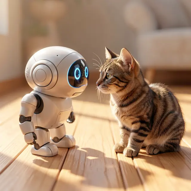 A small friendly robot and a tabby cat sit face to face on a sunlit wooden living room floor