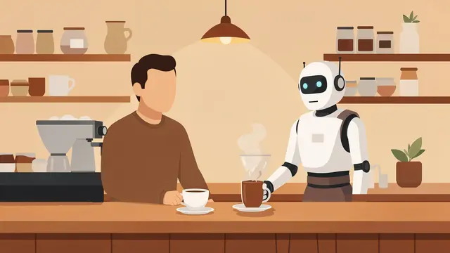 A faceless person and a service robot stand behind a cozy warm-toned cafe counter with coffee cups