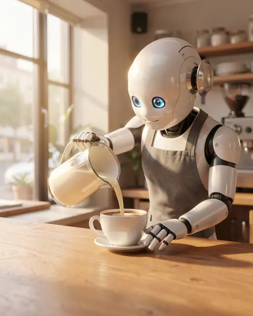 Friendly robot barista pours steamed milk into a coffee cup at a sunlit cafe counter