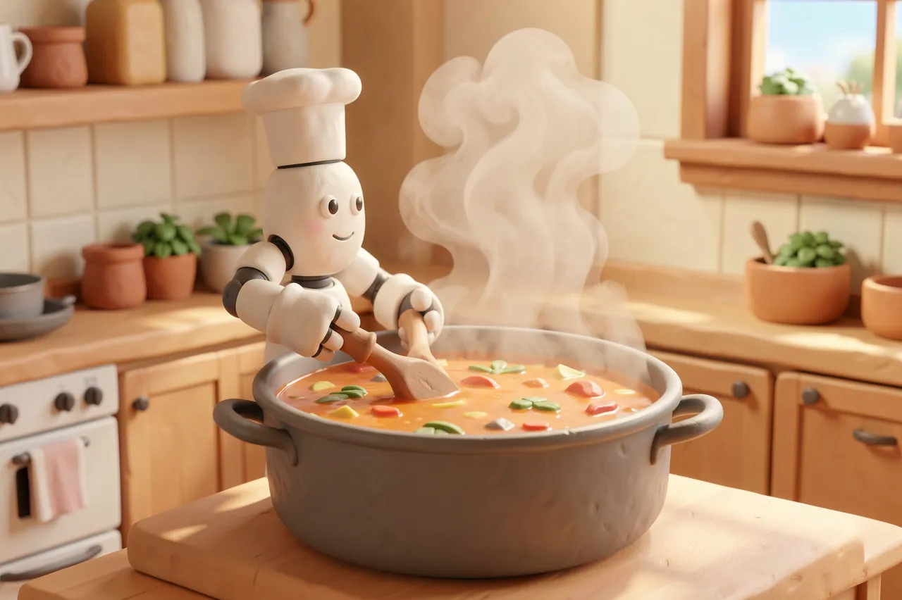 Cute clay-style robot chef in a toque stirs steaming soup in a sunlit kitchen