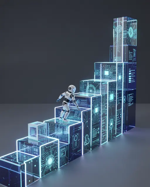 Small humanoid robot climbs an ascending staircase of glowing transparent tech blocks representing machine learning progress
