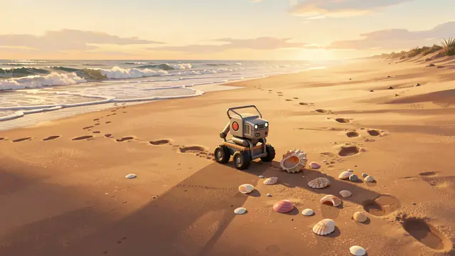 A small wheeled robot gathers seashells on a sandy beach during golden hour sunset
