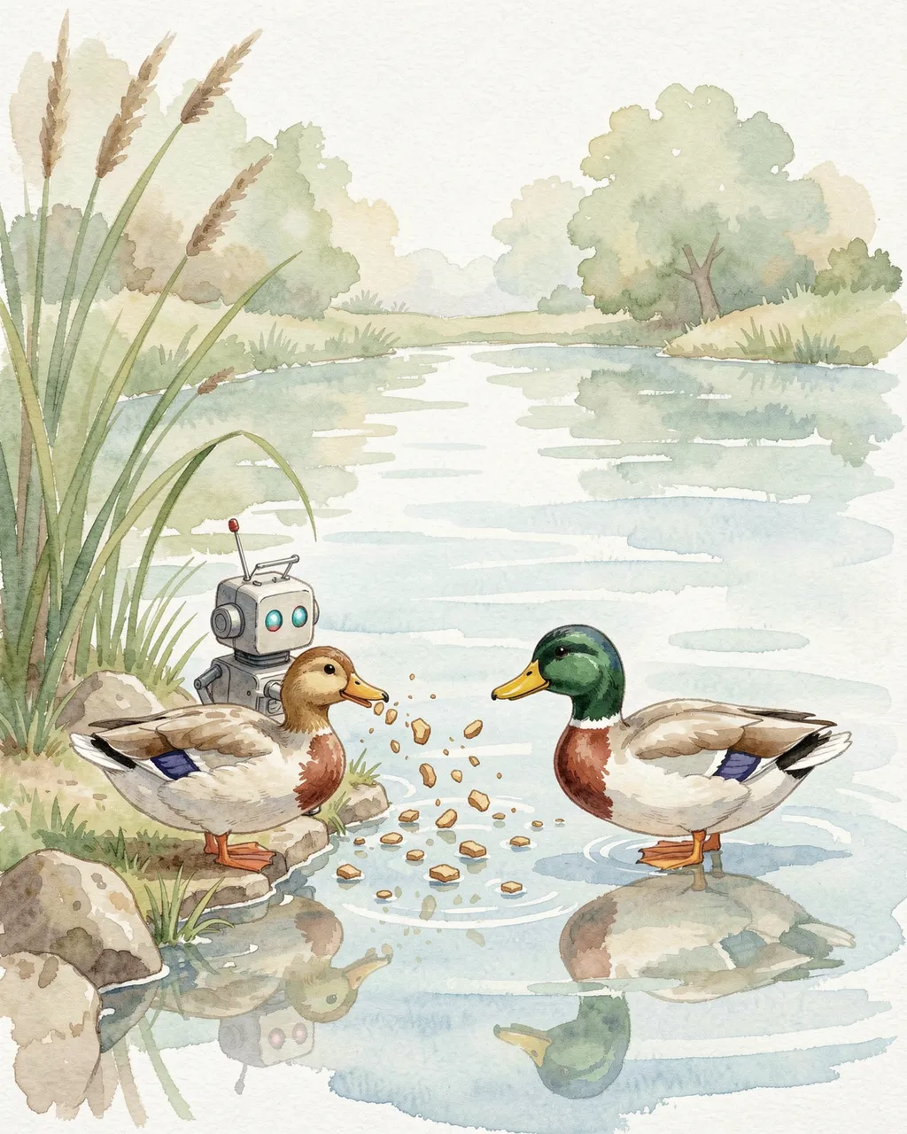 A small retro robot sits at a pond edge with two mallard ducks near floating bread crumbs in soft watercolor style.