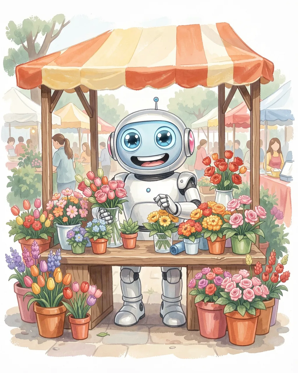 Friendly white robot stands behind a wooden market stall selling potted and cut flowers under a striped canopy at an outdoor