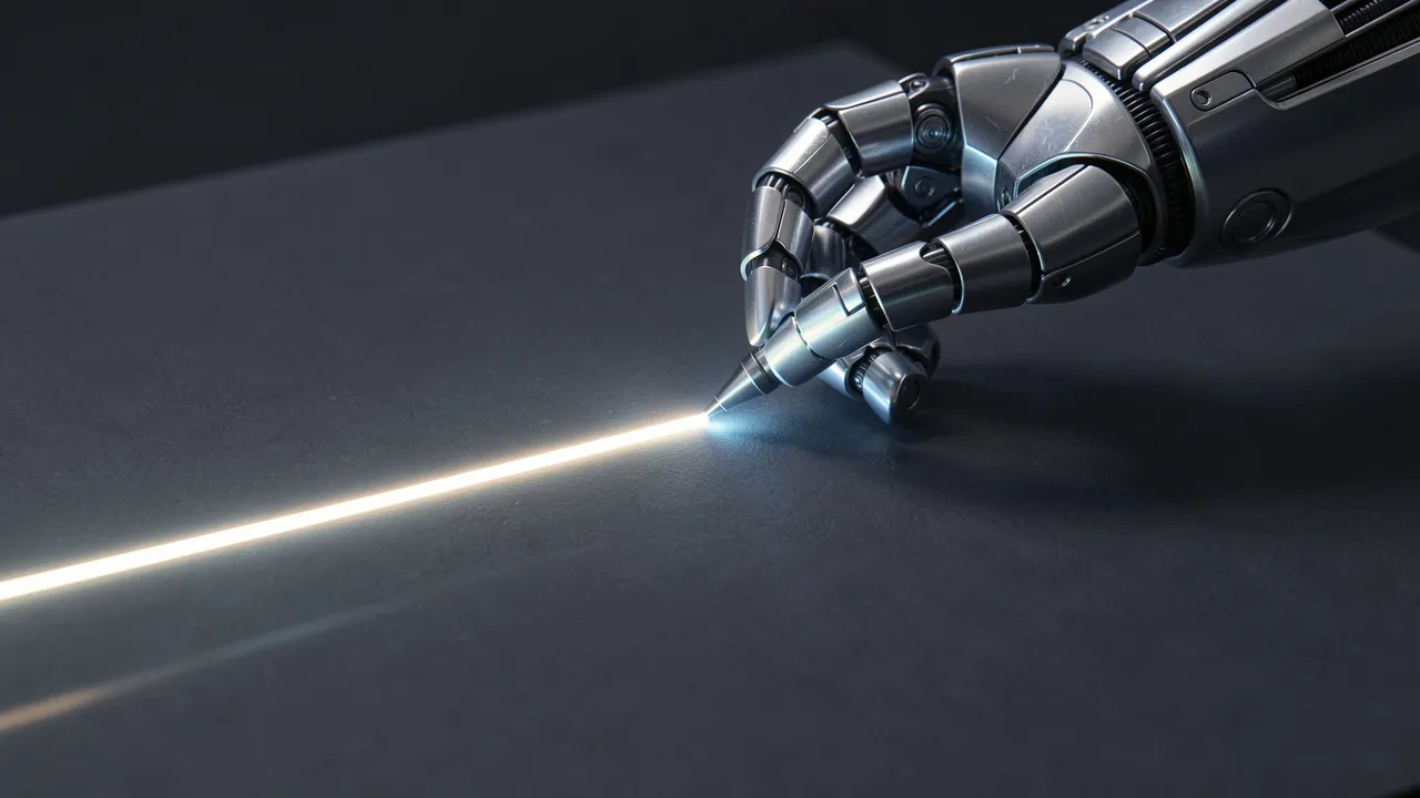 Metallic robotic hand draws a bright glowing light line across a dark smooth surface