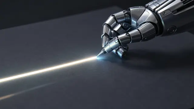 Metallic robotic hand draws a bright glowing light line across a dark smooth surface