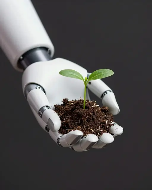White robotic hand gently cradles a small green seedling growing in soil against a dark plain background