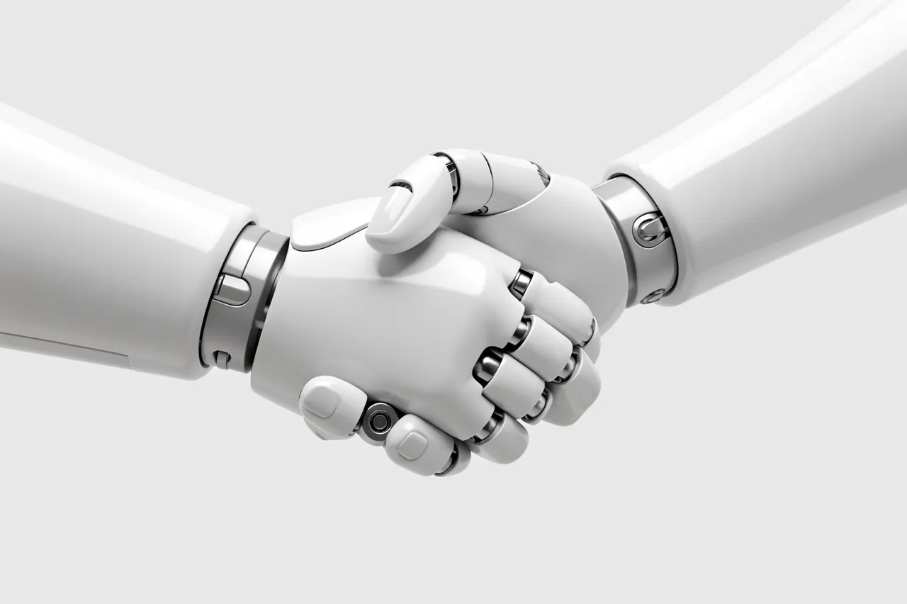 Two glossy white robot hands shake against a plain light gray background