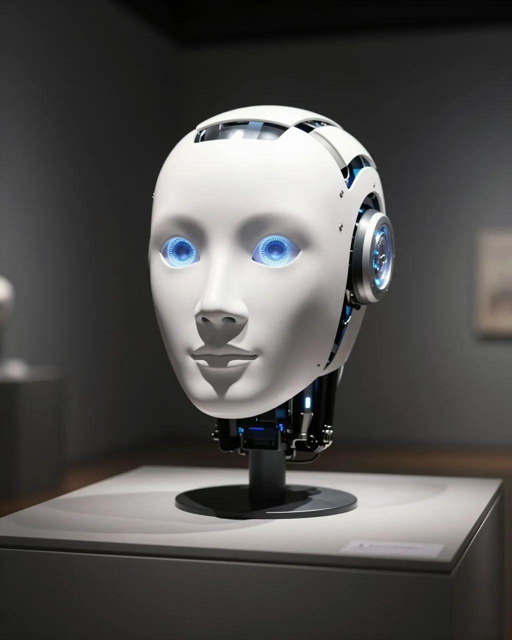 White humanoid robot head with glowing blue eyes displayed on a pedestal in a dark gallery