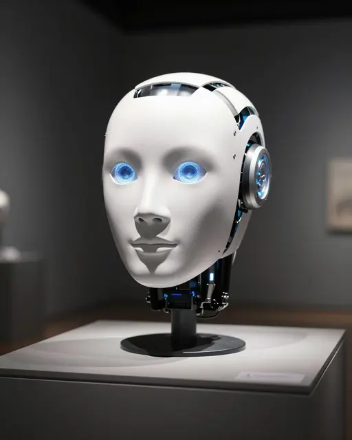 White humanoid robot head with glowing blue eyes displayed on a pedestal in a dark gallery