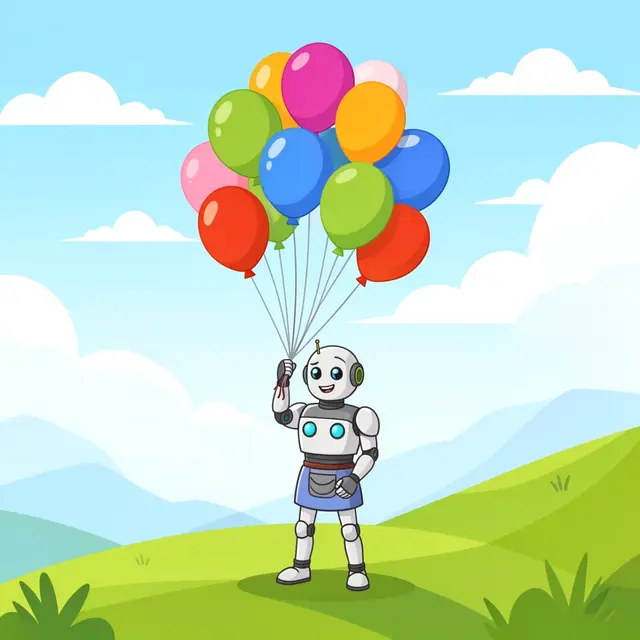 Cheerful cartoon robot stands on a grassy hill holding a bunch of bright balloons under a blue sky