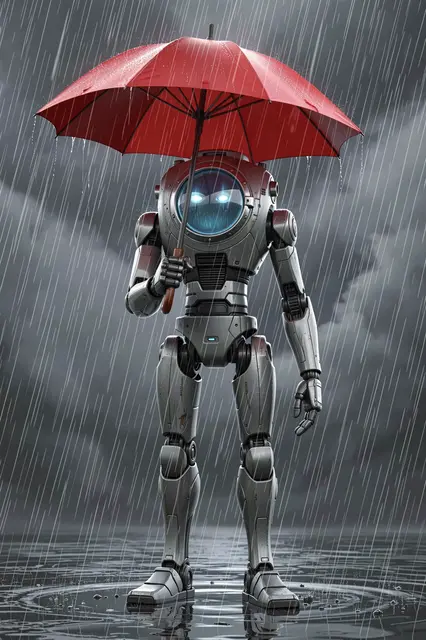 A tall silver robot with a round porthole face stands holding a red umbrella in falling rain over wet pavement