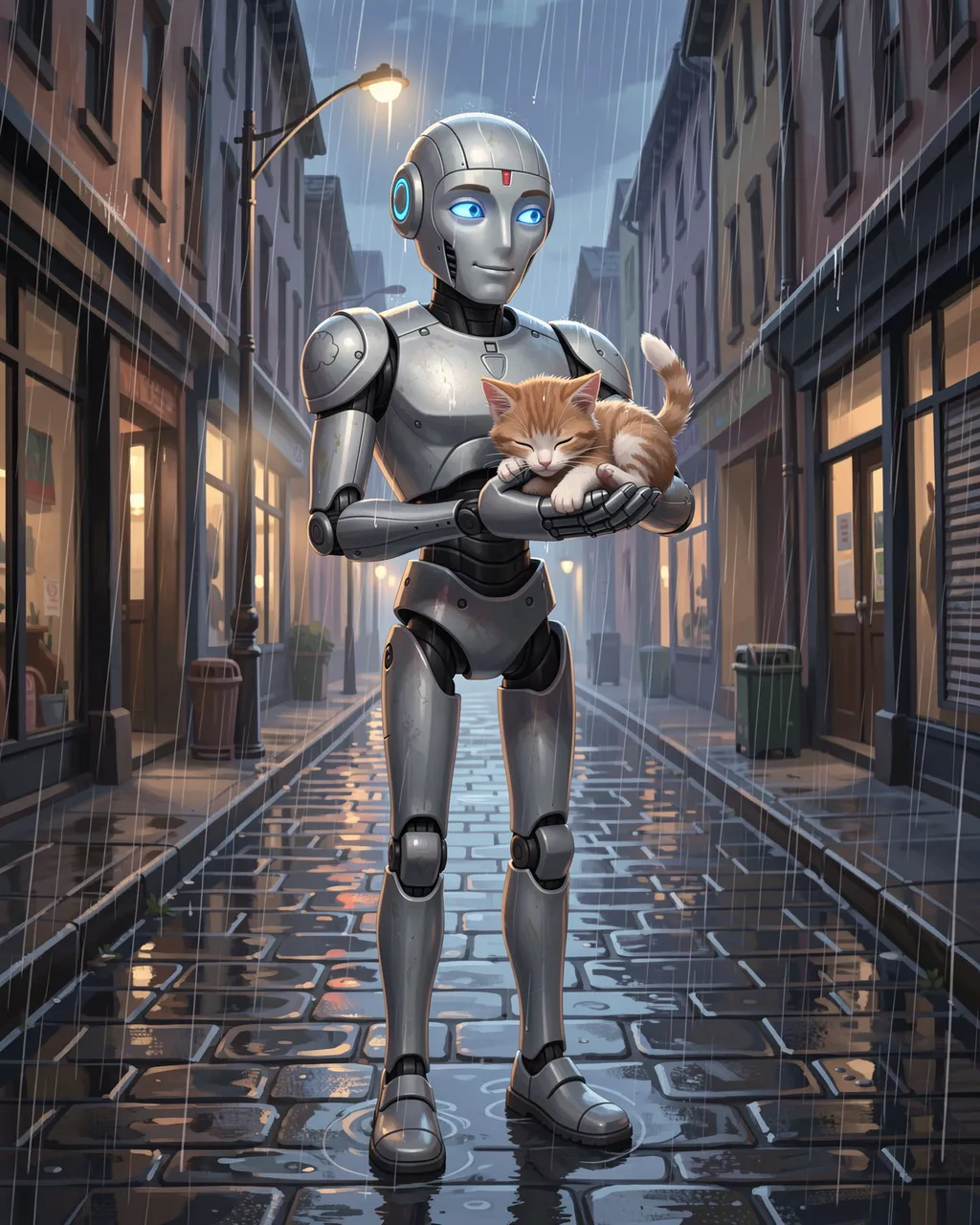 Tall silver robot holds a sleeping orange tabby kitten in a rainy evening town lane