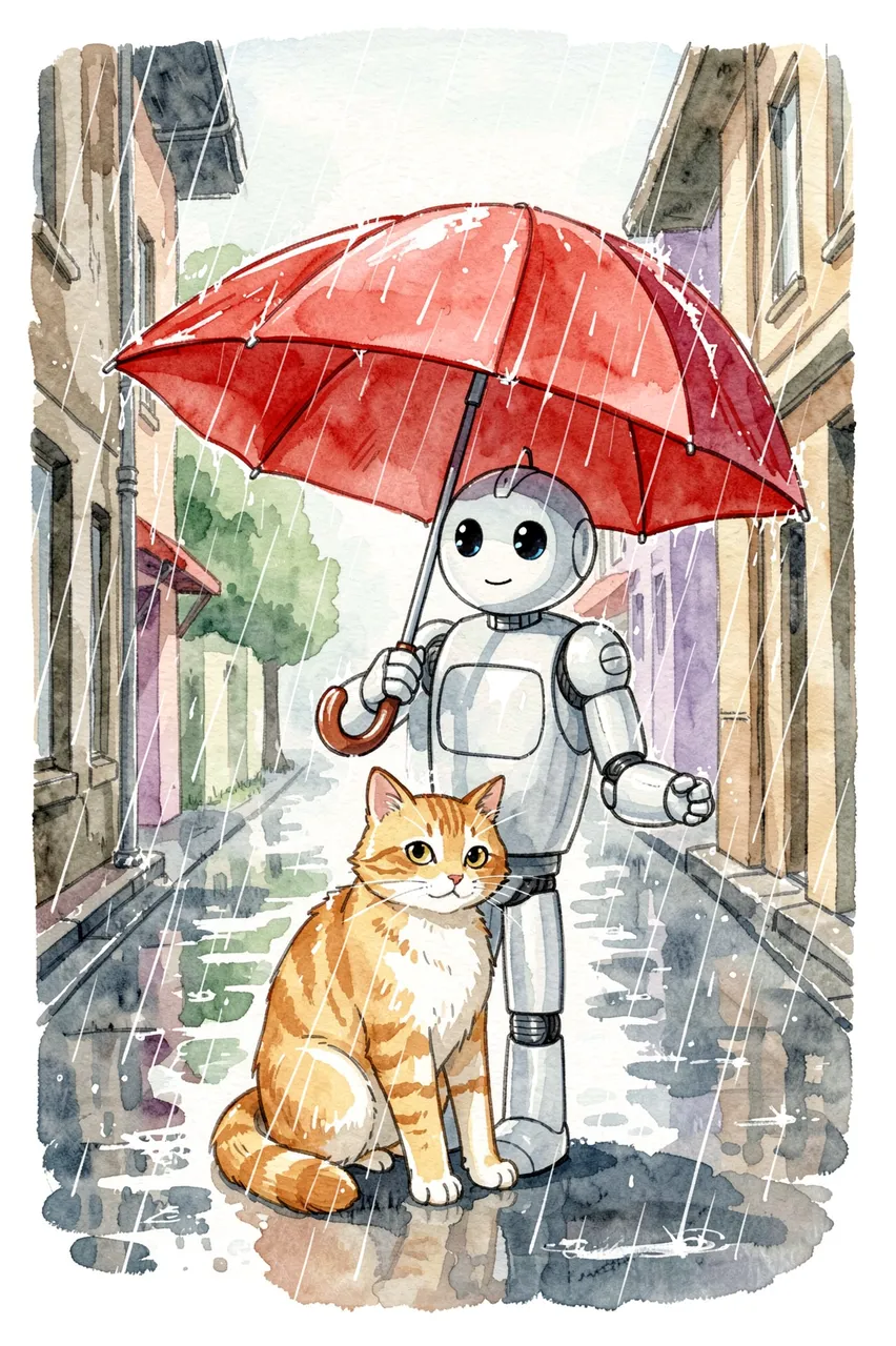 A friendly white robot holds a red umbrella over a sitting ginger cat on a rainy residential street