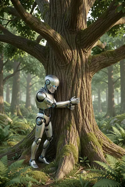 A sleek silver robot embraces a large mossy oak tree in a sun-dappled green forest