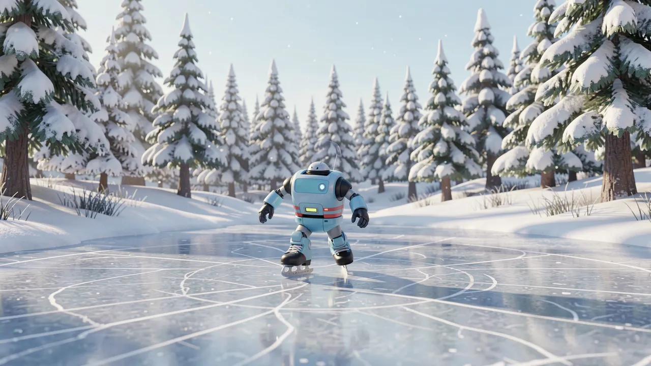 A small light blue robot ice skates on a frozen pond surrounded by snow-covered pine trees