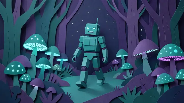 Layered paper cut teal robot walks through a night forest of glowing teal and purple mushrooms