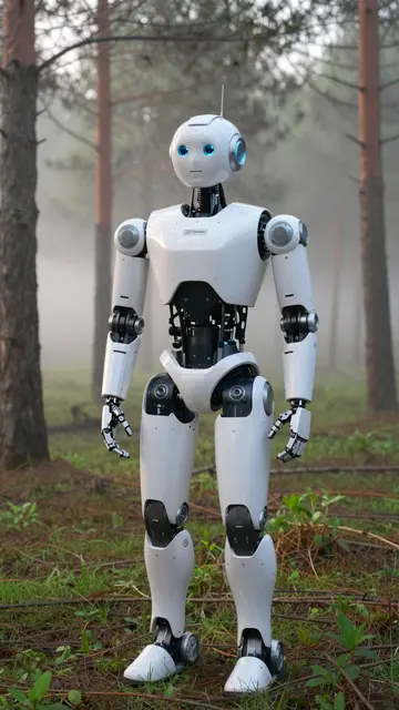 A white humanoid robot stands in a foggy pine forest at early dawn