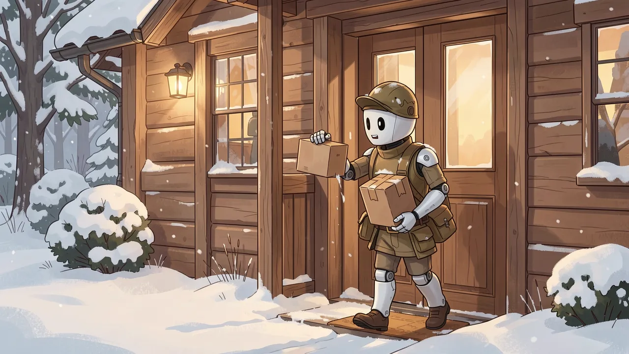 Friendly robot mail carrier holds parcels at a snowy wooden cottage door at golden morning hour