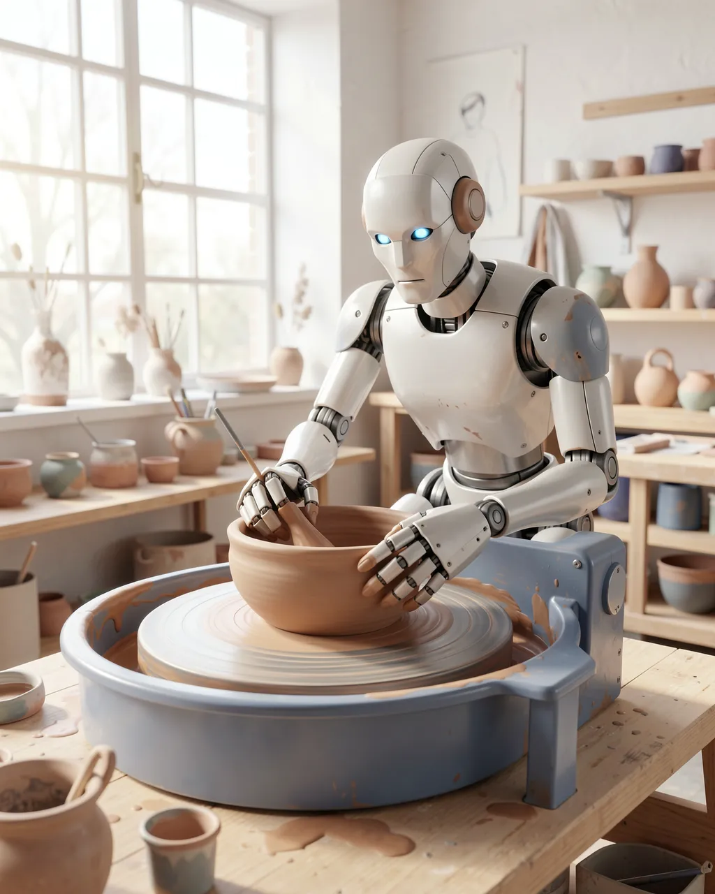 A humanoid robot shapes a clay bowl on a pottery wheel inside a sunlit ceramics studio