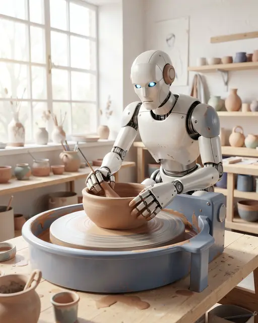 A humanoid robot shapes a clay bowl on a pottery wheel inside a sunlit ceramics studio