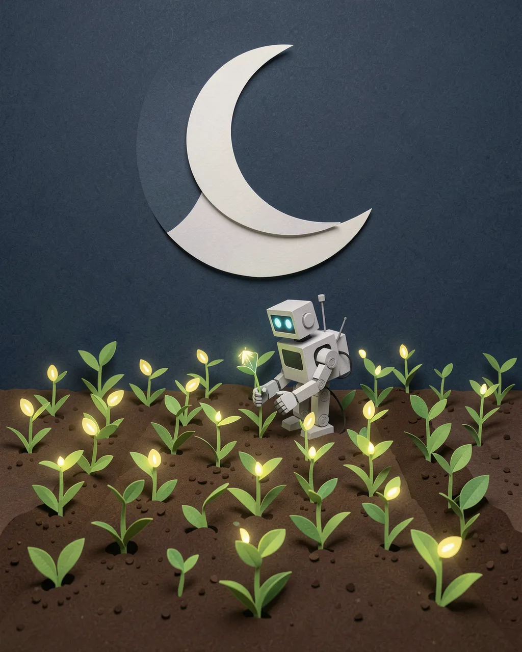 Paper cut illustration of a small robot planting glowing seedlings in rows beneath a crescent moon