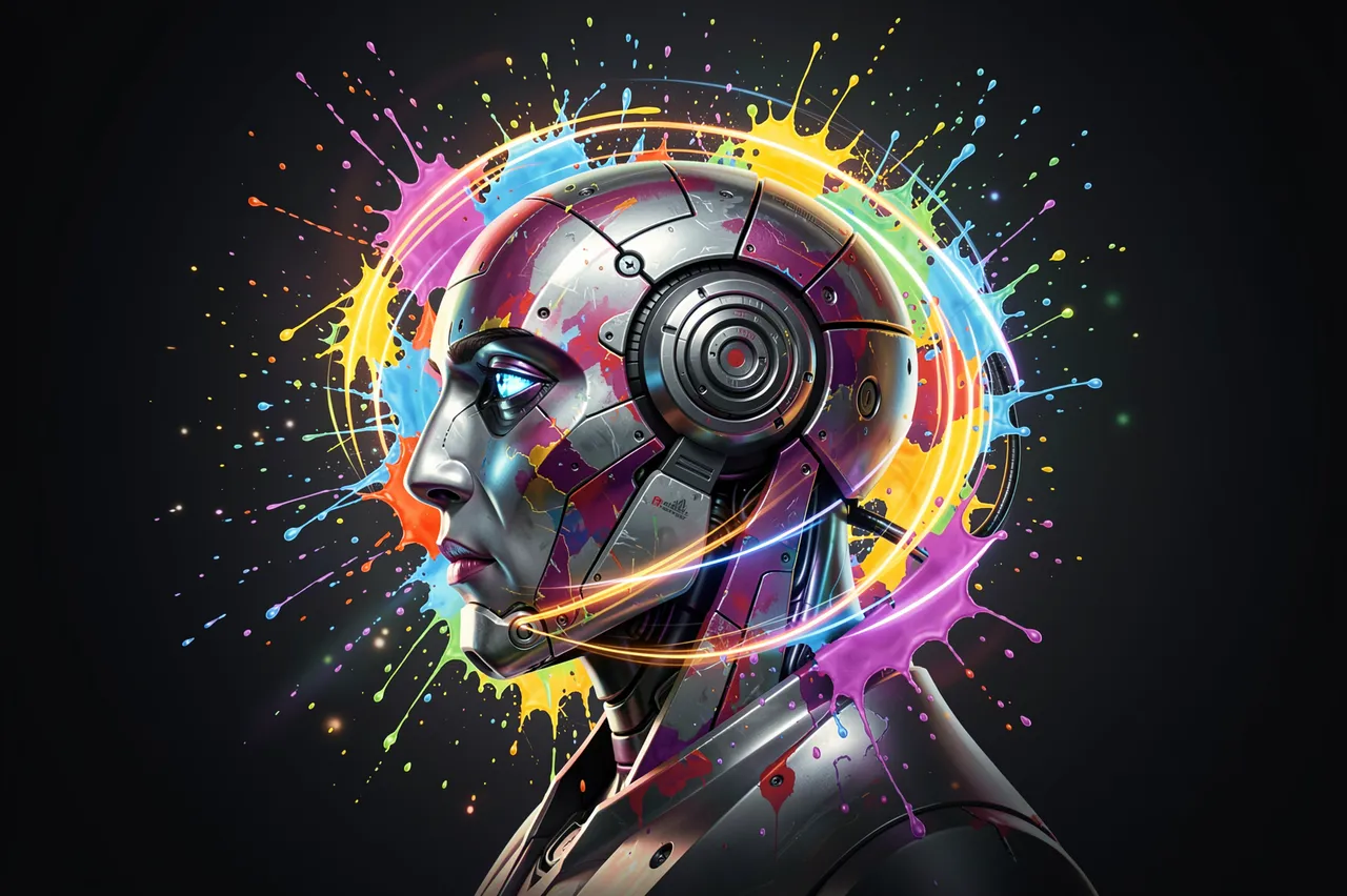 Metallic robot head in profile surrounded by vibrant paint splashes and glowing swirling light trails against a dark