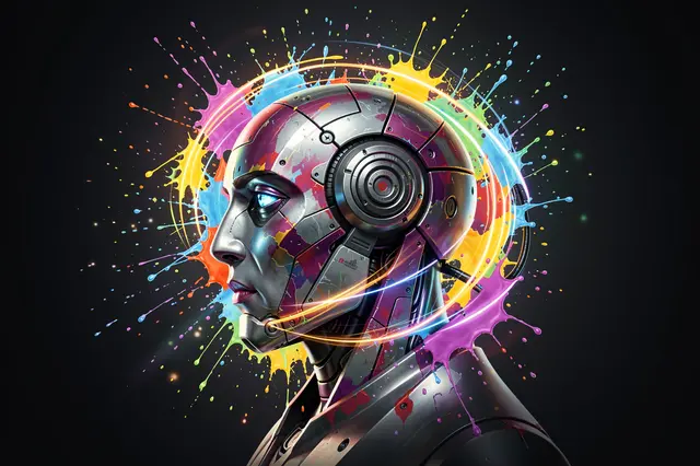 Metallic robot head in profile surrounded by vibrant paint splashes and glowing swirling light trails against a dark
