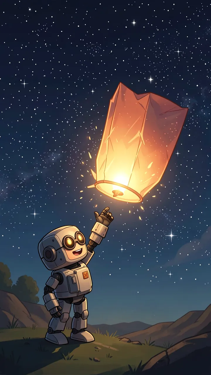 A small cheerful robot releases a glowing sky lantern under a starry night sky
