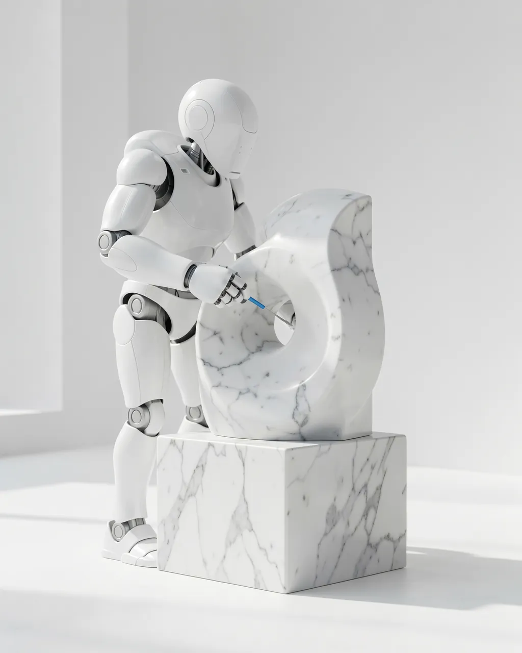 White humanoid robot carves an abstract marble sculpture in a bright minimalist studio