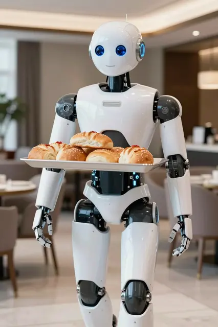 White humanoid service robot holds a tray of fresh bread rolls in a bright hotel dining room.