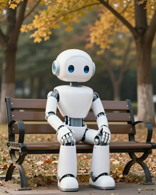 A friendly white robot sits quietly on a wooden park bench under golden autumn trees