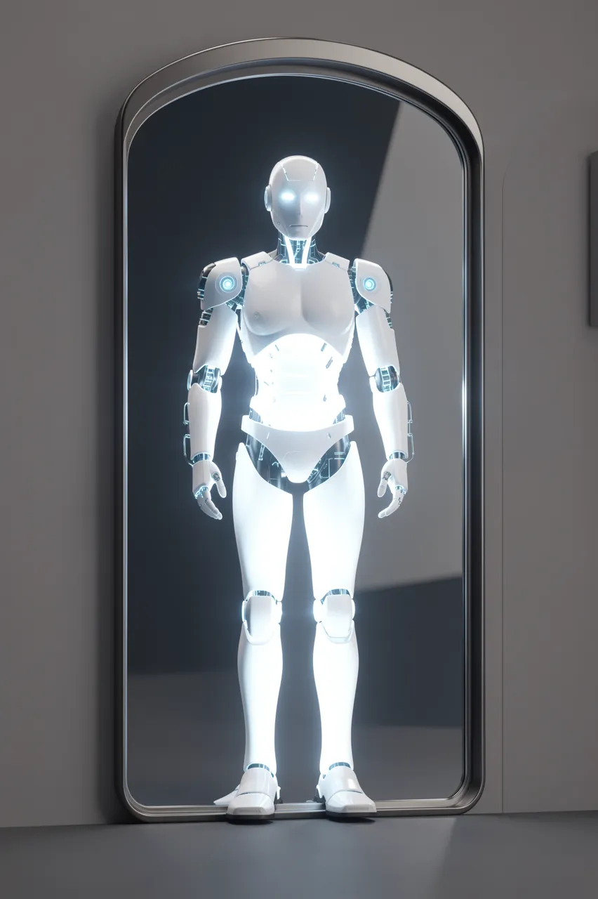Glowing white humanoid robot reflected in an arched floor mirror against a gray wall