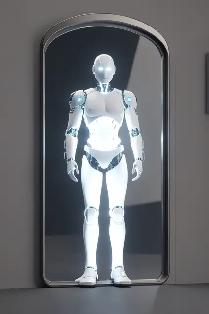 Glowing white humanoid robot reflected in an arched floor mirror against a gray wall