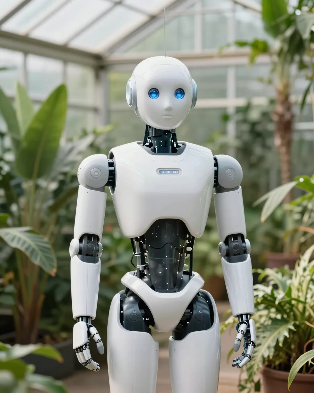 A white humanoid robot with glowing blue eyes stands among potted plants inside a glass greenhouse