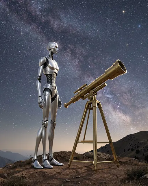 A tall silver humanoid robot stands beside a brass telescope on a rocky hilltop under the glowing milky way night sky