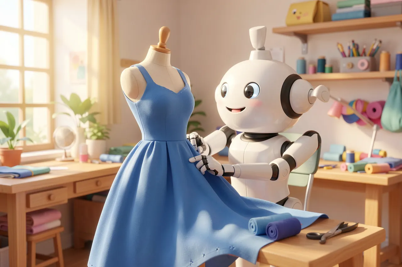 Cute friendly robot tailor adjusts a blue dress on a dress form in a sunlit sewing workshop