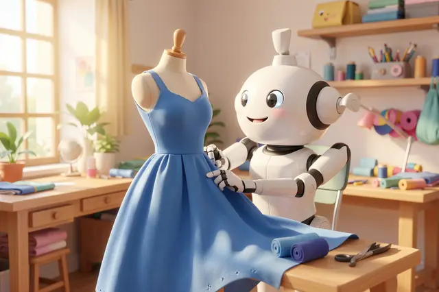Cute friendly robot tailor adjusts a blue dress on a dress form in a sunlit sewing workshop